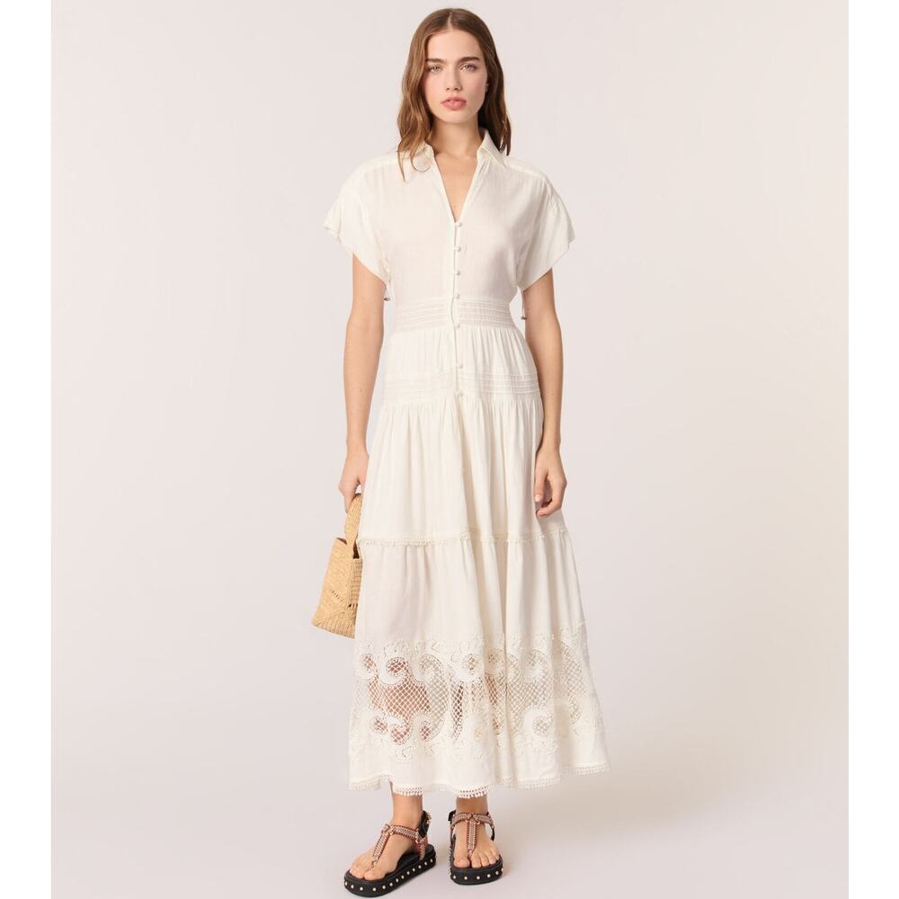 Maje Dress Embroidered Lace Button Front Ruffled Tiered Maxi A-Line White 38 - Picture 2 of 12